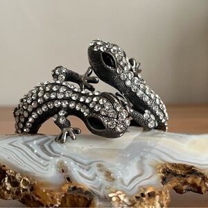 Vintage Gecko Lizard Hinged Cuff in Black and Clear Rhinestones Silver Tone